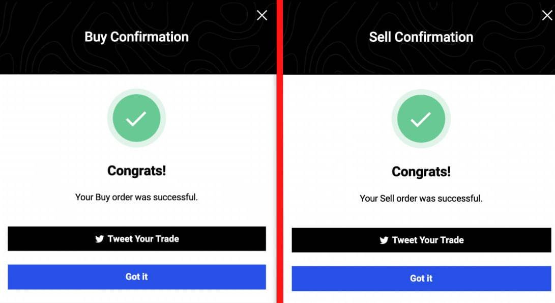 Interface to confirm successful buying (left) and selling (right).